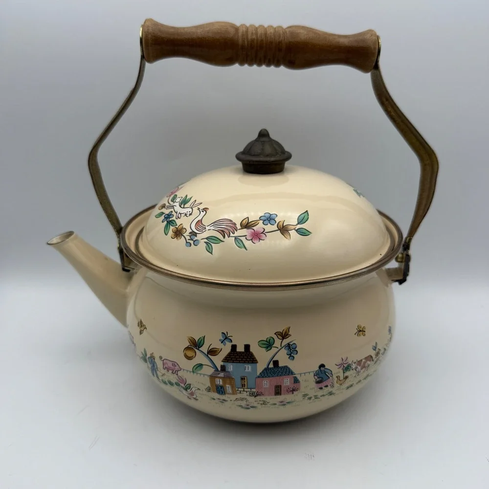 Vintage Tea Kettle Heartland Cottage Farmhouse Folk Art Village Wood Handle Pot